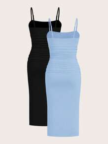 SHEIN EZwear 2pcs Women's Summer Knit Bodycon Camisole Dresses - Blue - View 2