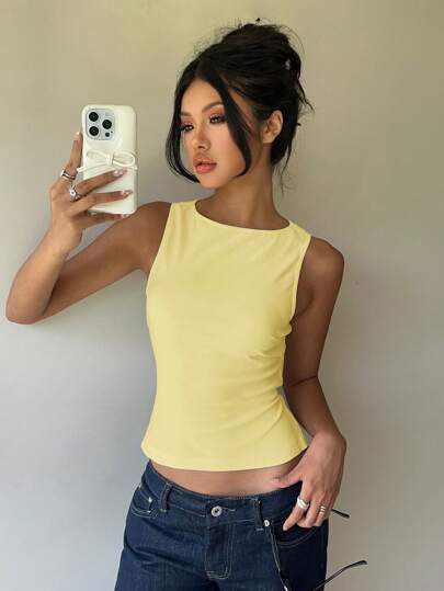 Aloruh Blusa sin mangas con cuello redondo y decoración de lazo para uso diario y de oficina, color amarillo