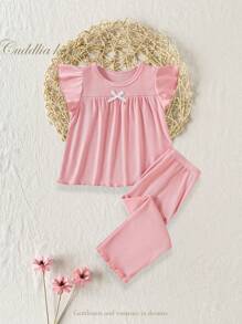 2 件装女婴纯色浅紫色罗纹盖袖上衣和长裤家居服套装 - 粉色 - 查看 1