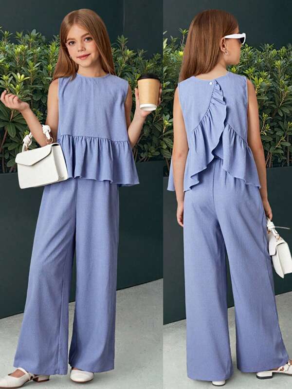 SHEIN Set de 2 piese pentru fete preadolescente, cu top și pantaloni lungi, din material texturat, cu spate încrucișat și volane, casual