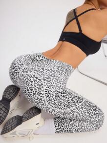 SHEIN Sport Studio Pantalones de yoga con estampado de leopardo y cintura alta con bolsillos, mallas compresión adelgazantes para fitness al aire libre, a prueba de sentadillas, control de abdomen, elevación de glúteos, favorecedor