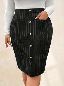 Chikora Váy công sở sọc cổ điển cỡ lớn có nút trang trí, họa tiết thanh lịch, mùa thu/đông - màu đen - Xem 5