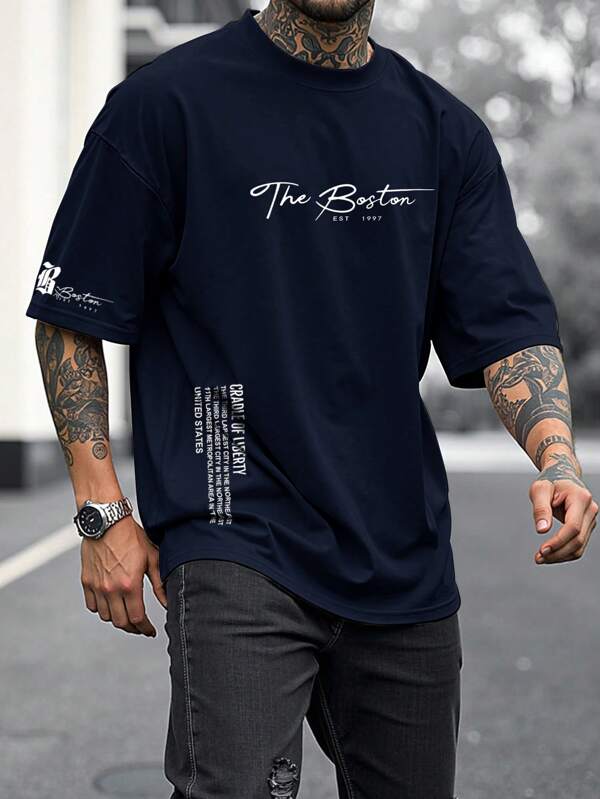 Manfinity LEGND Plus Size Men's Casual Slogan Print Round Neck Short Sleeve T-Shirt, Summer