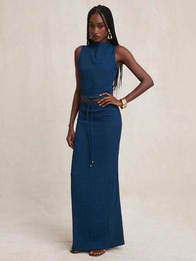 NYA SZN 女式高腰抽绳细节休闲日常度假春夏弹力针织裙套装