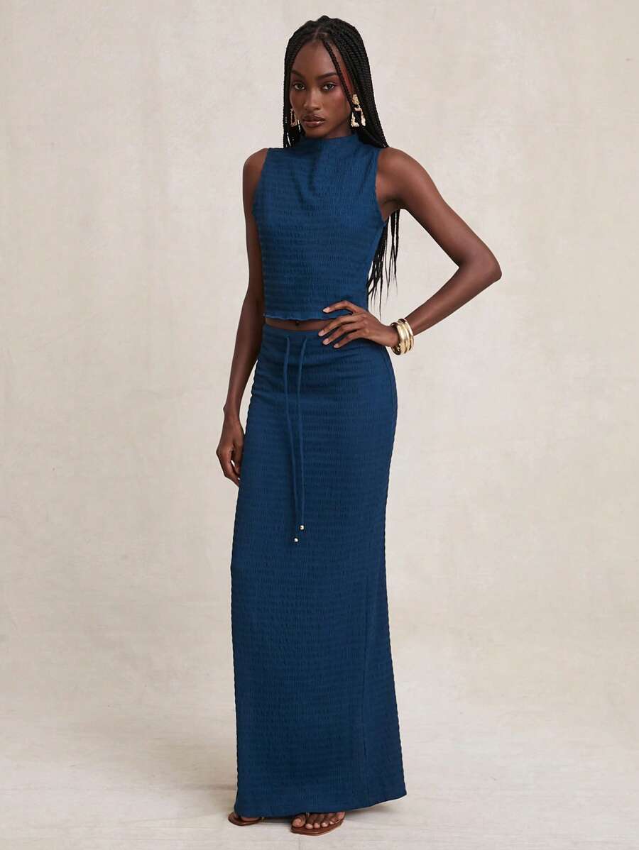 NYA SZN 女式高腰抽绳细节休闲日常度假春夏弹力针织裙套装 - 藍色 - 查看 1