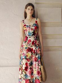 Chiquease 复古彩色花卉印花细肩带夏季海滩度假连衣裙