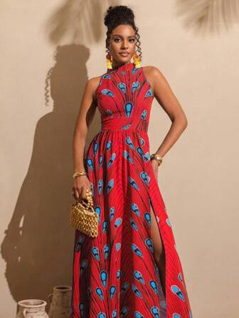 Vesra 女士简约印花开衩下摆休闲连衣裙