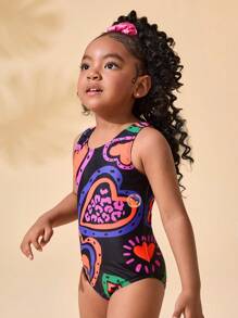 SHEIN Young Girl Heart Pattern One-Piece Knitted Swimsuit - Black - View 5