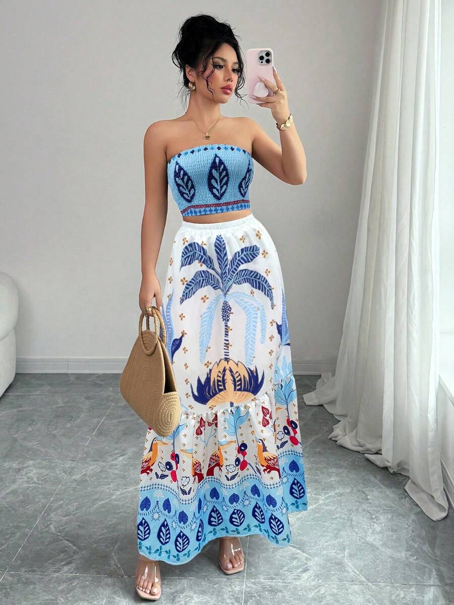 SHEIN Unity 女士复古印花吊带背心和半裙两件套，休闲夏季服装（随机印花） - 藍色 - 查看 1