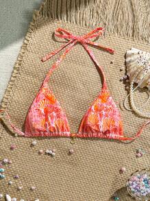 Swim Mod Summer Holiday Random Shell Print Golden Accessory Halter Bikini Top Festival Boho