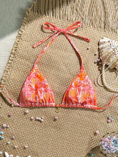 Summer Holiday Random Shell Print Golden Accessory Halter Bikini Top Festival Boho