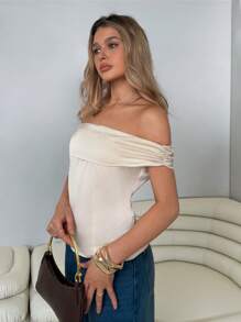 Roylia 1pc Solid Color Pleated Satin Summer Elegant Blouse , Off Shoulder Top - Champagne - View 4