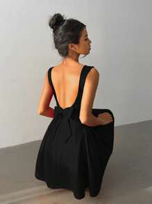 Aloruh 女式性感简约纯色露背束腰迷你连衣裙，夏季 - 黑色 - 查看 6