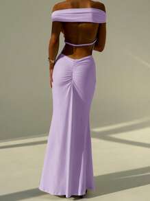 Aloruh White Wedding Season Backless Ruched Sexy Off Shoulder Bodycon Dress For Women - Purple - View 3