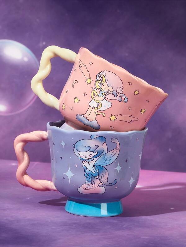 Pop Mart Azura X SHEIN 1pc Ceramic Mug With Cartoon Pattern, Heat-Resistant, Dishwasher Safe, For Milk, Juice, Coffee, Tea