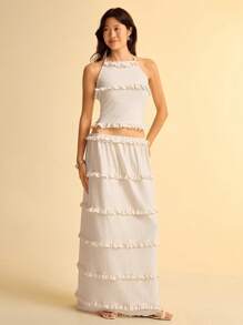 CAJUNI Women's Solid Color Elastic Waist Ruffle Hem Skirt - White - View 6