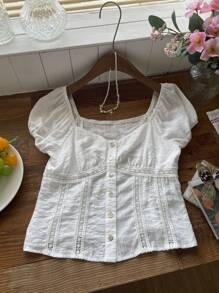 Comfortcana 短袖白色V领花卉撞色饰边衬衫，夏季