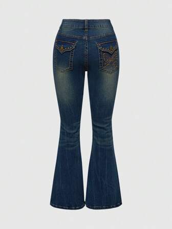 Grunge Punk Jean slim évasé pour femmes avec design à rivets en forme de papillon de poche, style rétro Y2K