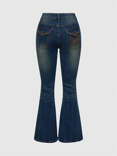 Grunge Punk Jeans a zampa di elefante da donna con design di tasche, farfalle e borchie, stile retrò Y2K