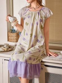 CottageSlumber Camisón largo con estampado floral romántico, parches de encaje, volantes y bloques de color perfecto para verano y vacaciones