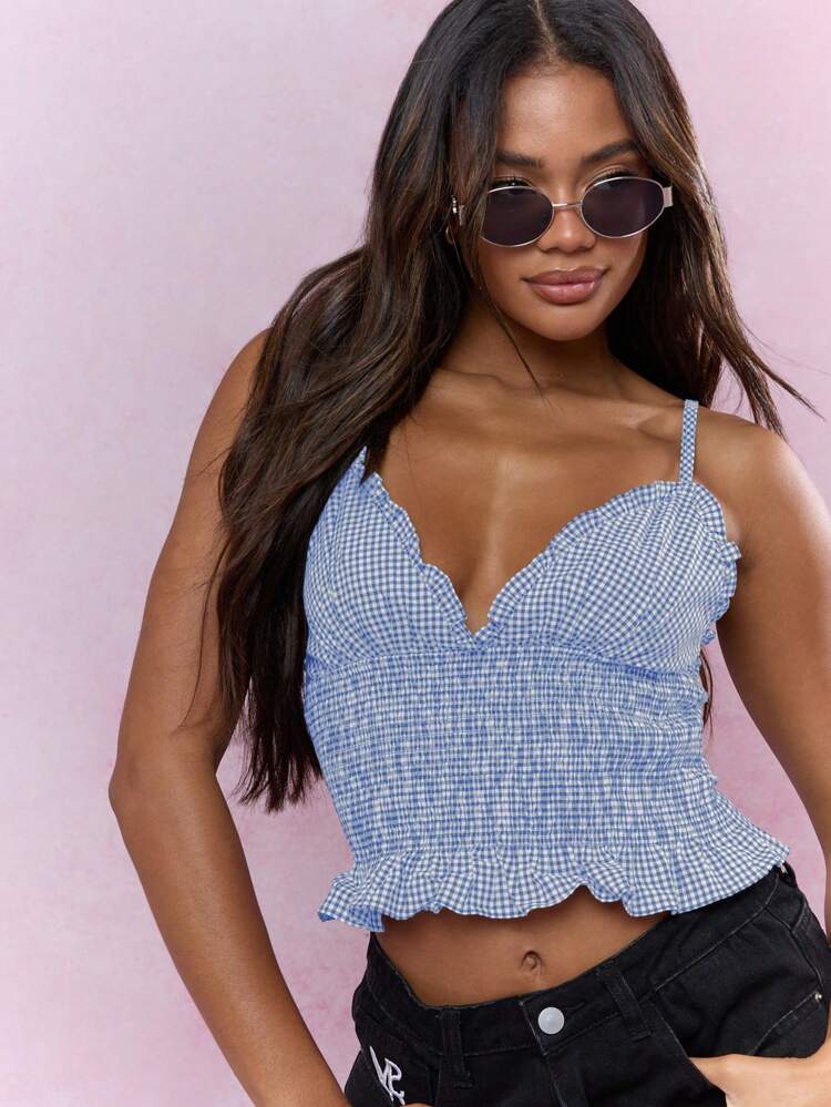 MISSGUIDED Summer Shirred Gingham Cami Top Ruffled Hem Smocked Bodice Crop Tank Top Classic Farmcore Cottagecore Country Style