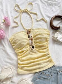 Soleia 女士性感吊带拼接不对称扣露背吊带上衣，度假风，沙滩风，夏季风，波西米亚风，钩针编织，亚麻布，纹理 - 杏色 - 查看 1