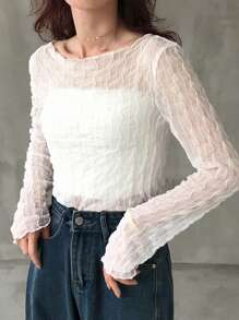 FRIFUL 女士修身透视纹理面料圆领衬衫，返校服长袖女上衣，秋季女装 - 白色 - 查看 4