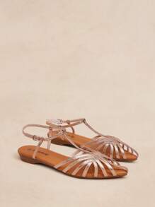 Rosivie 女式2025新款镂空编织罗马凉鞋，时尚平底封闭式趾带休闲沙滩鞋 - 香檳色 - 查看 4