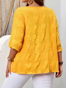 EMERY ROSE Áo kiểu nữ cỡ lớn màu vàng trơn cổ chữ V tay lửng 3/4 cài nút, dáng rộng, thích hợp mặc mùa hè, đi nghỉ mát, đơn giản và thời trang cho mặc hàng ngày, phong cách nghỉ dưỡng, nghỉ xuân, trang phục thường ngày, phong cách bohemian, mùa thu. - Màu vàng - Xem 4