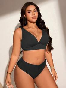 Swim Lushoire 加大码简约纯色纹理面料沙滩泳装套装 - 黑色 - 查看 3