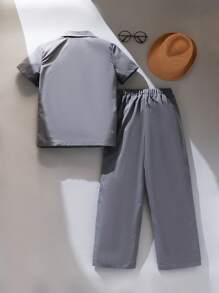青少年男孩夏季纯色翻领短袖单排扣上衣和裤子两件套 - 深灰色 - 查看 2