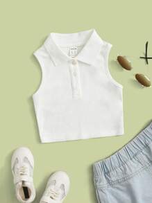 SHEIN Young Girl Collared Solid Color Neck Button-Up Top - White - View 5