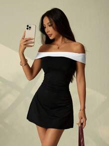 SHEIN PETITE Women's Off Shoulder Solid Color Patchwork Slim Fit Short Dress,Club Outfits Women Sexy