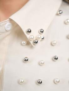EMERY ROSE Women's Beige Pearl Embellished Long Sleeve Shirt - Apricot - View 6