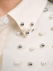 EMERY ROSE Camicia donna a maniche lunghe beige con decorazioni in perle