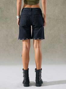 LYSMO Quần short denim túi nút thời trang thường ngày cho nữ - màu đen - Xem 2