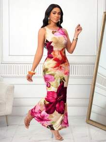 SHEIN Lady 春夏大花朵印花无袖鱼尾长裙女士连衣裙生日和活动连衣裙/办公室连衣裙/教堂连衣裙/婚纱/节日连衣裙/波西米亚风/毕业礼服/优雅连衣裙度假服装女士生日连衣裙女士节日商务休闲女士 - 彩色 - 查看 7