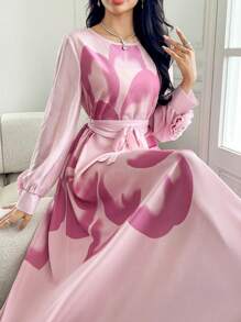 Modelyn 超大法式袖定位花卉印花连衣裙，适合春夏季 - 粉色 - 查看 5