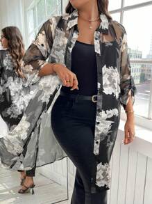 Reflora Plus Size Women Floral Print Roll Cuff Single Breasted Long Shirt For Vacation