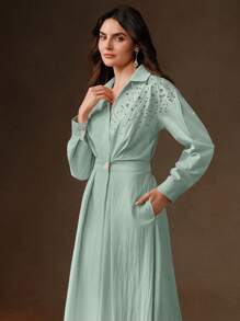 Anewsta Elaire Spring, Festival, Holiday, Vacation Elegant Loose Fitting Vintage Studded Waist Drop Shoulder Shirt Dress For Women