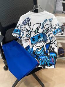 SHEIN 2 件套 Tween Boys 都市时尚圆领短袖 T 恤和短裤套装，街头服饰 - 寶藍色 - 查看 7