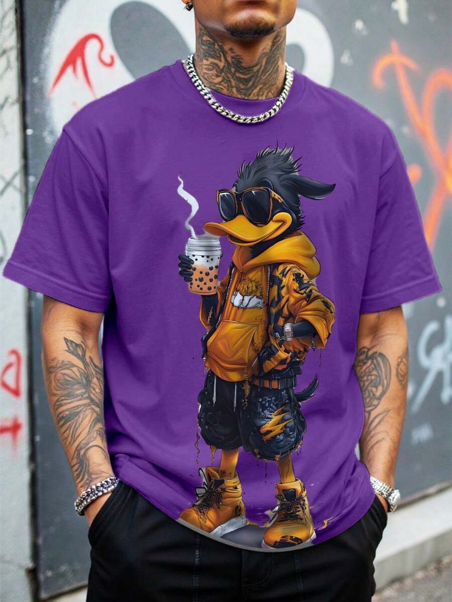 Manfinity Dauomo Men's Casual Street Cartoon Print Short Sleeve T-Shirt, Summer - Purple - View 1