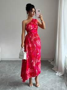 Elenzga Vestido con estampado floral, cintura plisada, hombro asimétrico y recorte, elegante para mujer, Verano 2025 - Rojo - Ver 3