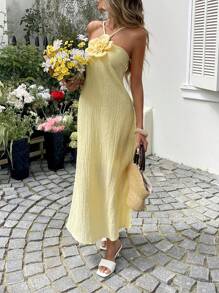 Sylviya 女士休闲3D立体花卉吊带开衩连衣裙，休闲款 - 黃色 - 查看 6