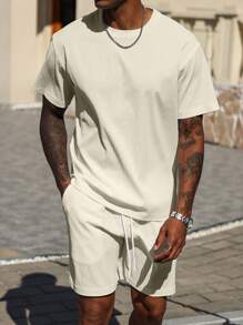 Manfinity Homme Men's Solid Color Fashion T-Shirt And Shorts Set, Suitable For Summer - Apricot - View 3