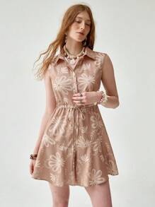 Florisole Mono elegante de mujer con cuello de camisa, bordado floral, estampado digital, sin mangas, cintura con cordón y bajo con volantes, de largo medio, para el verano