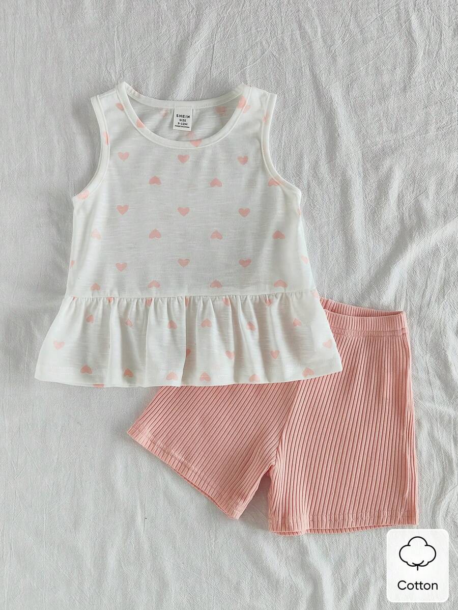 Vintaside Kids Baby Girl Heart Print Ruffle Hem Round Neck Tank Top And ...
