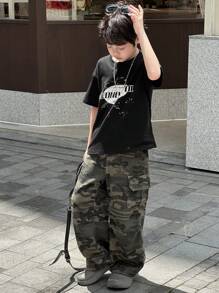 DAZY Camiseta de manga corta de cuello redondo con estampado de letras informal para niños preadolescentes, ropa de verano y de vuelta al colegio