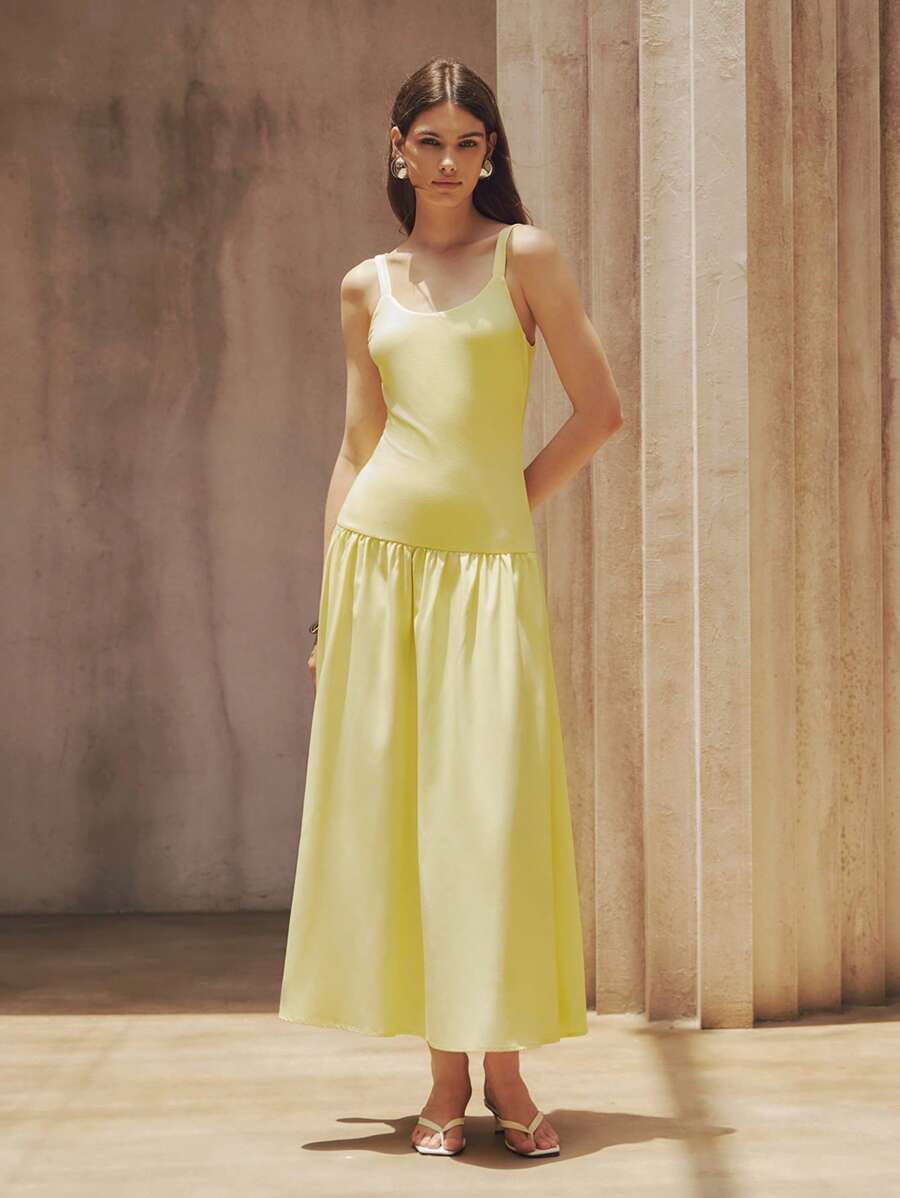 SHEIN Unity Vestido de mujer de un solo color con tirantes de espagueti y bajo retazado, de moda y versátil para primavera/verano - Amarillo - Ver 1