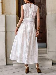 Solivie 女式条纹印花腰无袖连衣裙，时尚休闲度假装复古外出上衣女式 - 彩色 - 查看 8
